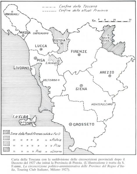Carta della Toscana con la suddivisione delle circoscrizioni provinciali dopo il Decreto del 1927 che istituì la Provincia di Pistoia