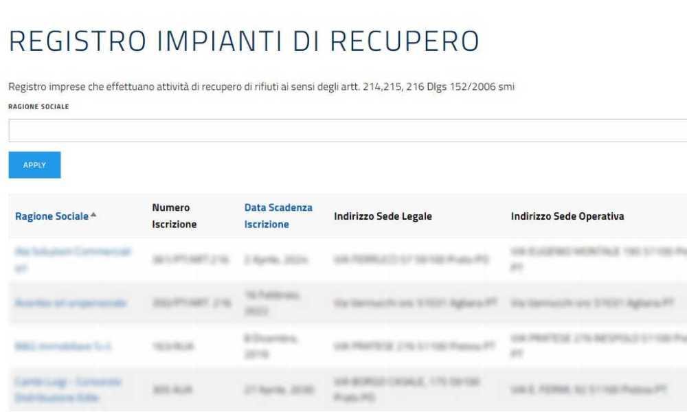 Registro Impianti di Recupero